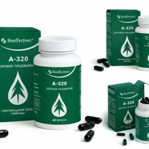 A-320 Bioeffectives food supplement bottle with black softgel capsules