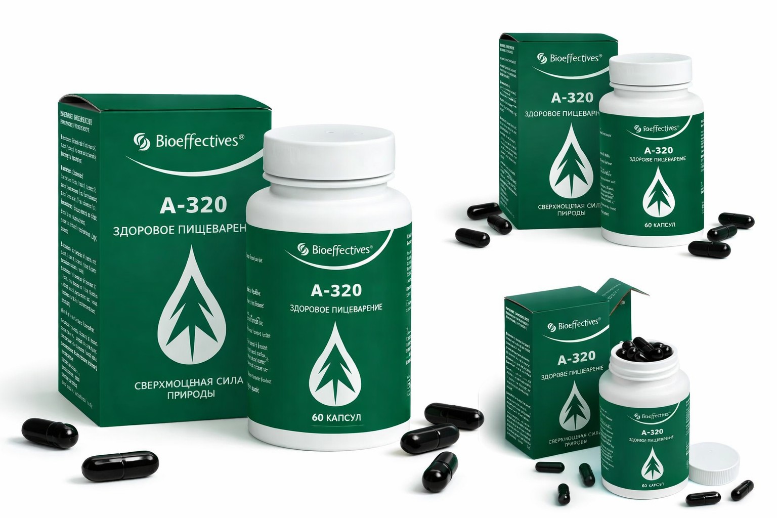 A-320 Bioeffectives food supplement bottle with black softgel capsules