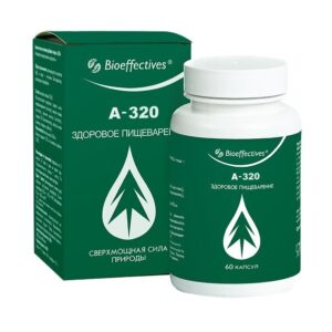 A-320 Bioeffectives food supplement bottle with black softgel capsules