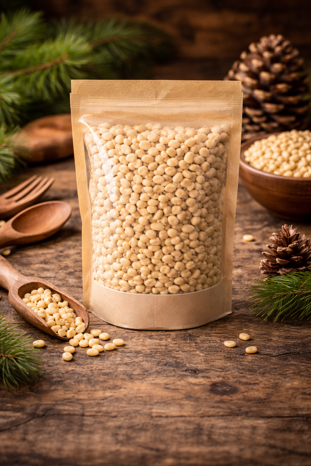 Vacuum-packed Siberian pine nuts in 100g, 200g and 500g sizes