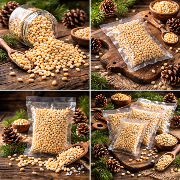 Vacuum-packed Siberian pine nuts in 100g, 200g and 500g sizes