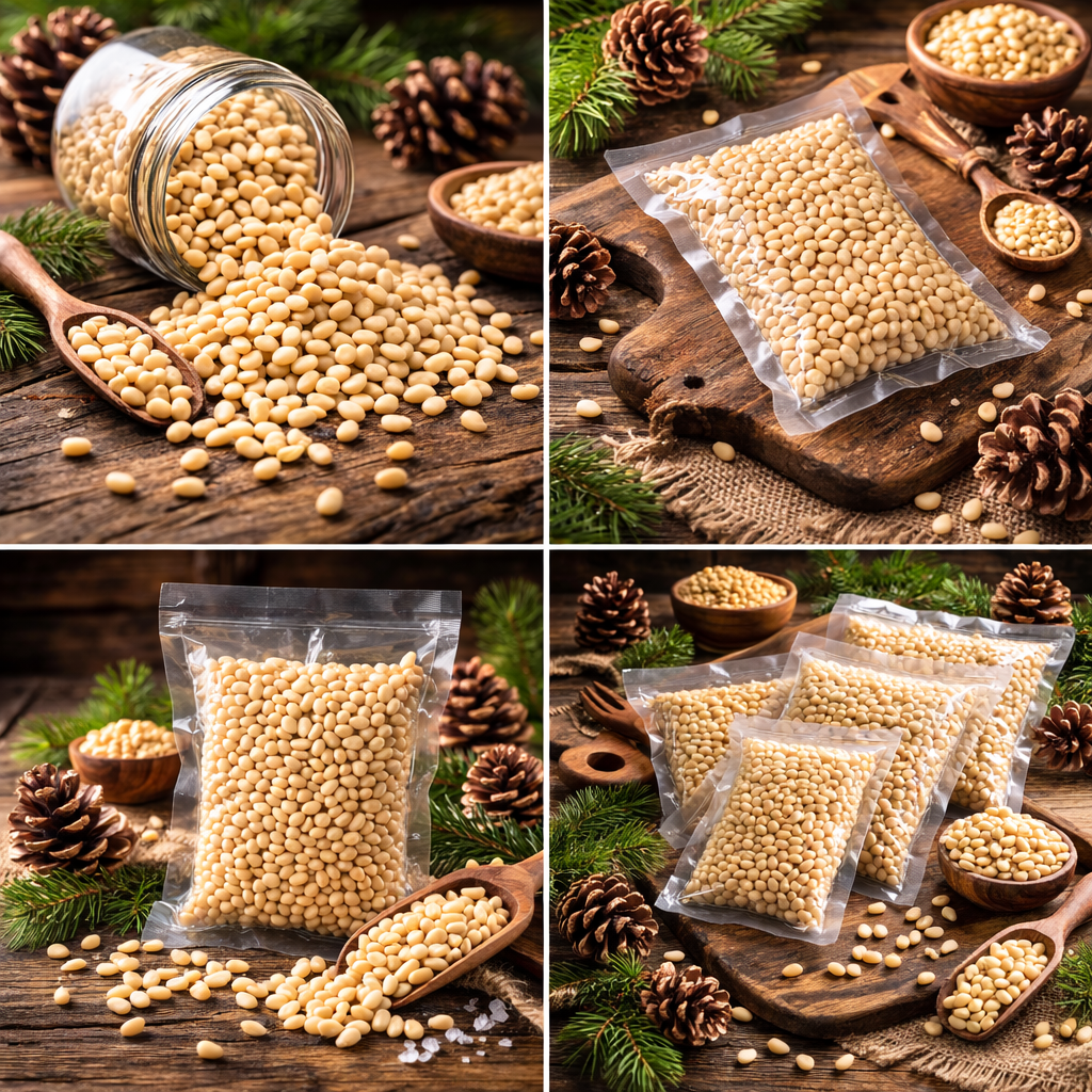 Vacuum-packed Siberian pine nuts in 100g, 200g and 500g sizes