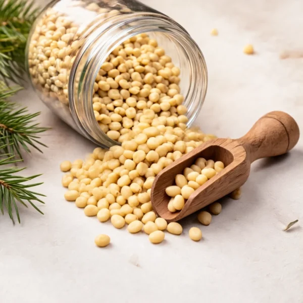 Cold-Pressed Pine Nut Oil bottle next to raw pine nuts