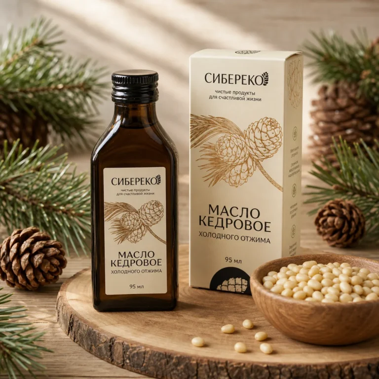 Cold-pressed Siberian pine nut oil in a glass bottle