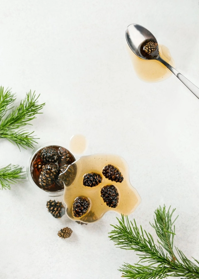 Siberian pine cone jam served with tea and cheese board
